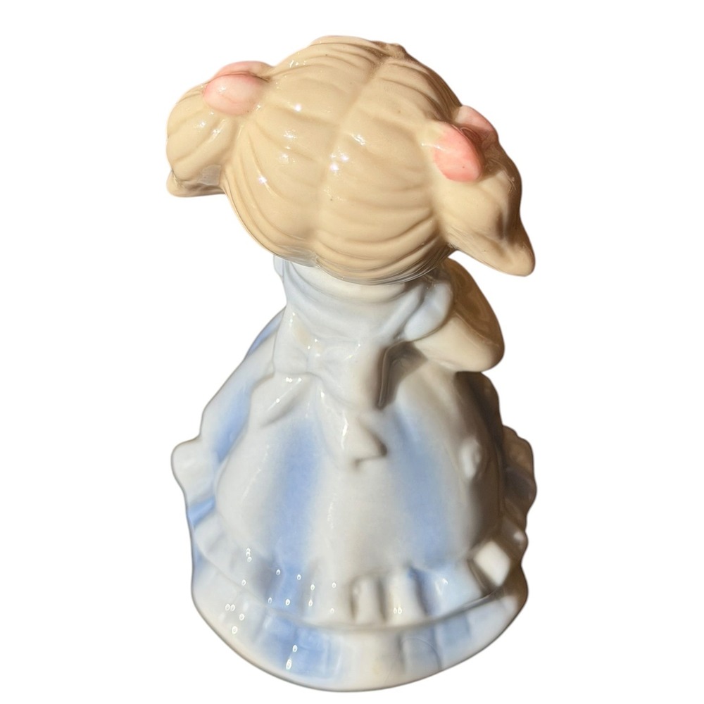Vintage Ceramic Girl Bell Figurine Blue Ruffled Dress Pink Bows Pigtails 4 Inch - Picture 4 of 9